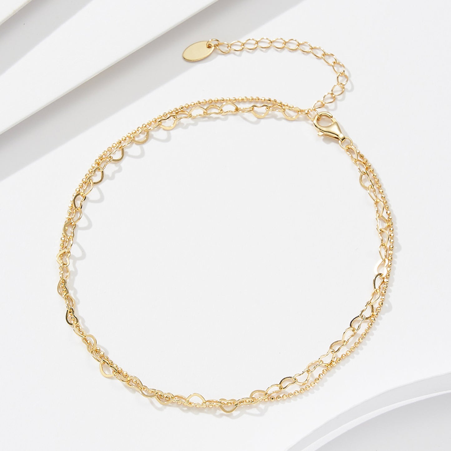 PEETTY layered anklet 925 sterling silver gold plated adjustable heart chain beaded charm chain for women gift yellow gold 1