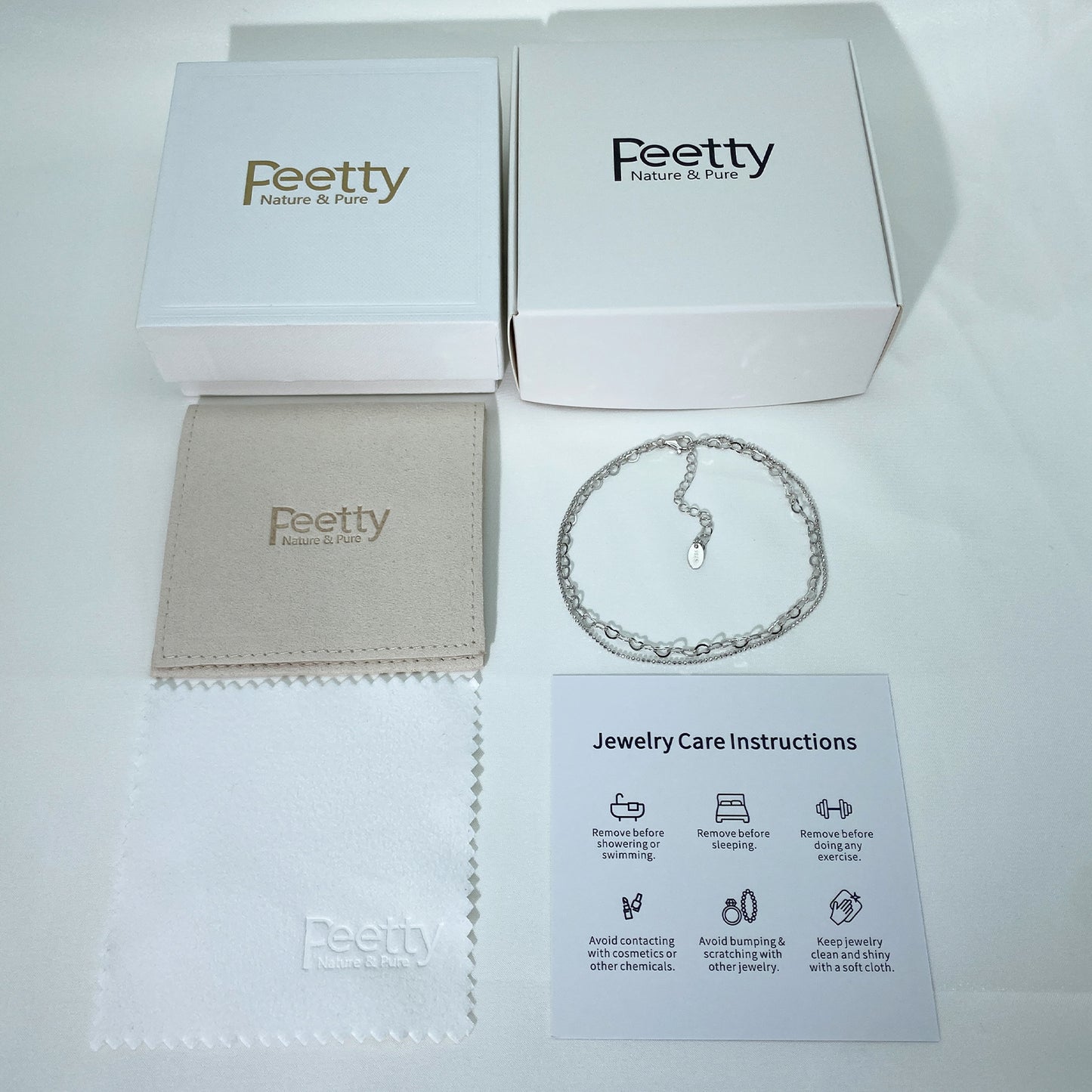 PEETTY layered anklet 925 sterling silver gold plated adjustable heart chain beaded charm chain for women gift white gold packaging