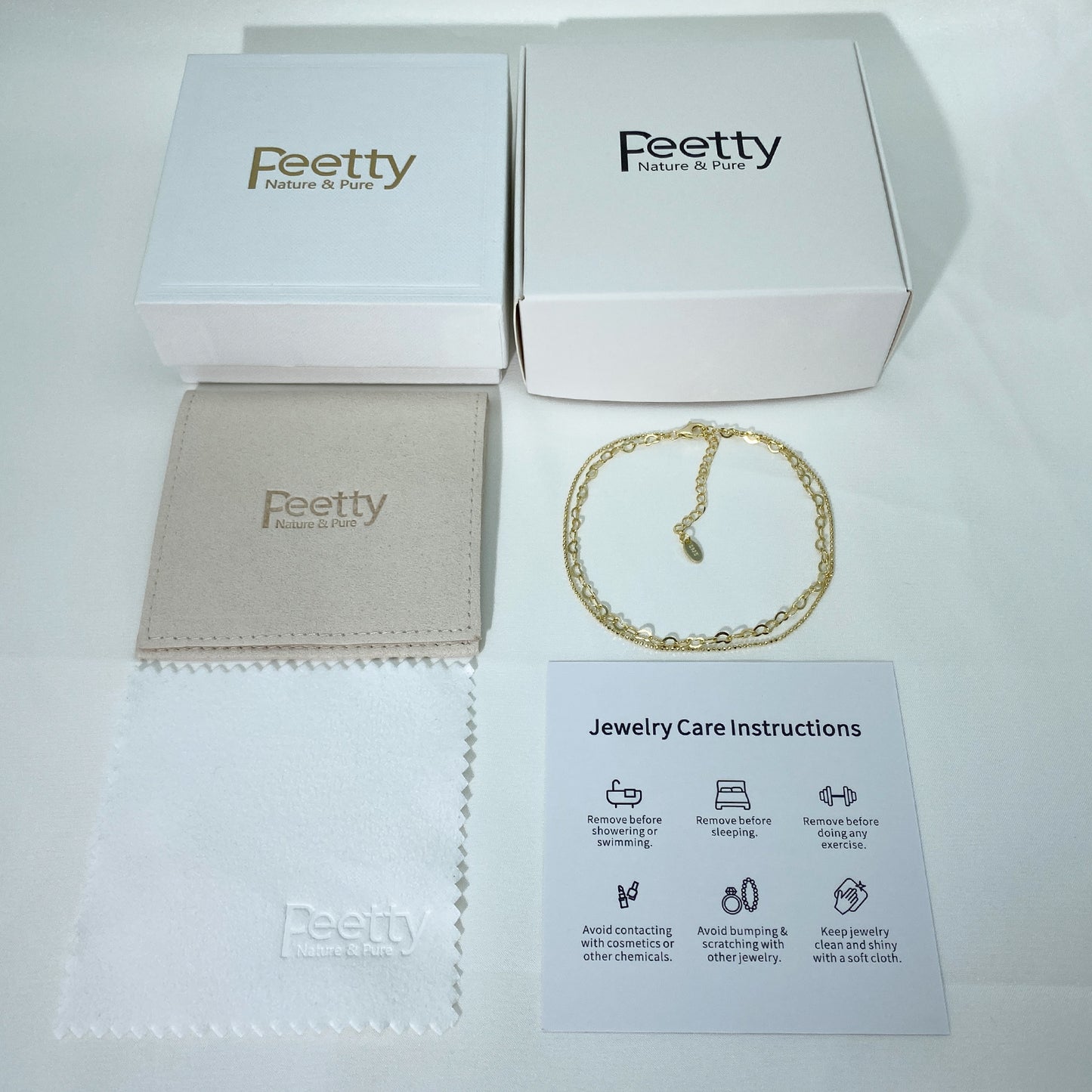 PEETTY layered anklet 925 sterling silver gold plated adjustable heart chain beaded charm chain for women gift yellow gold packaging