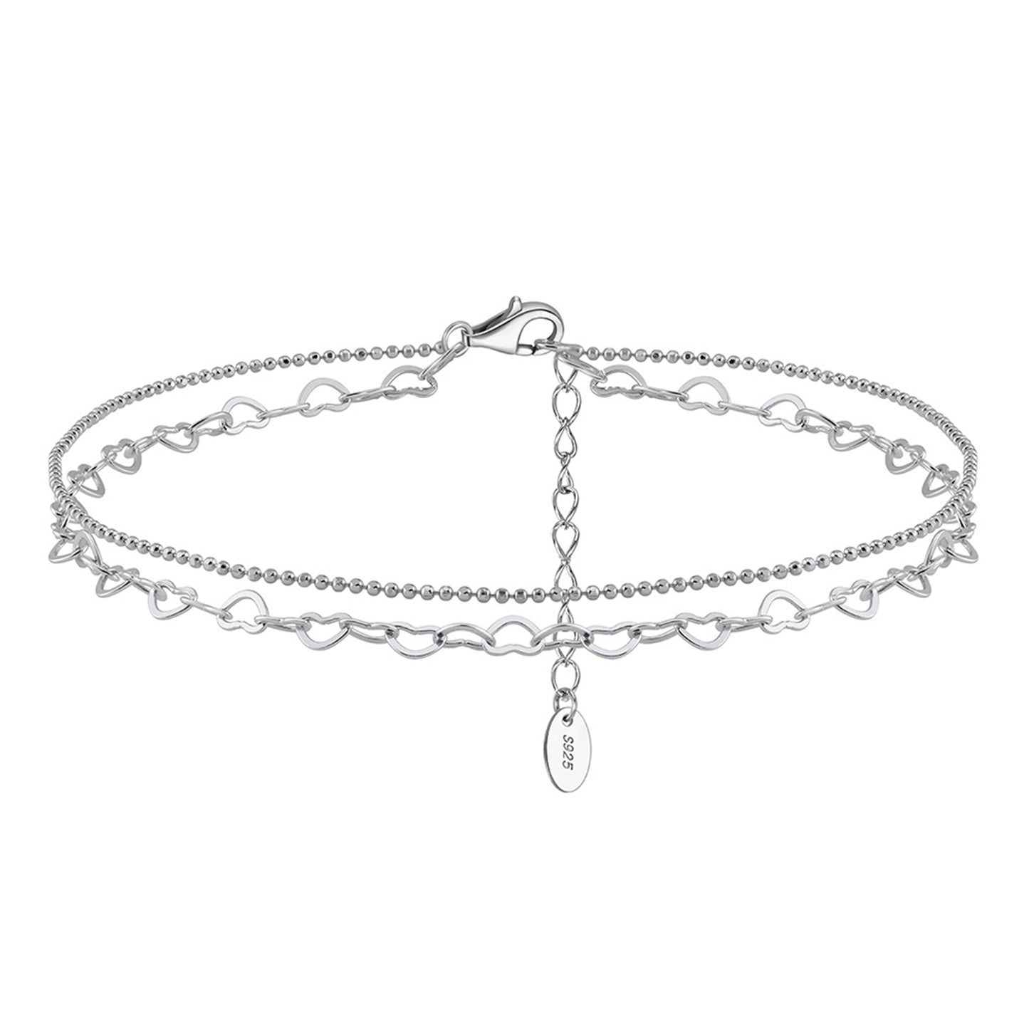 PEETTY layered anklet 925 sterling silver gold plated adjustable heart chain beaded charm chain for women gift white gold