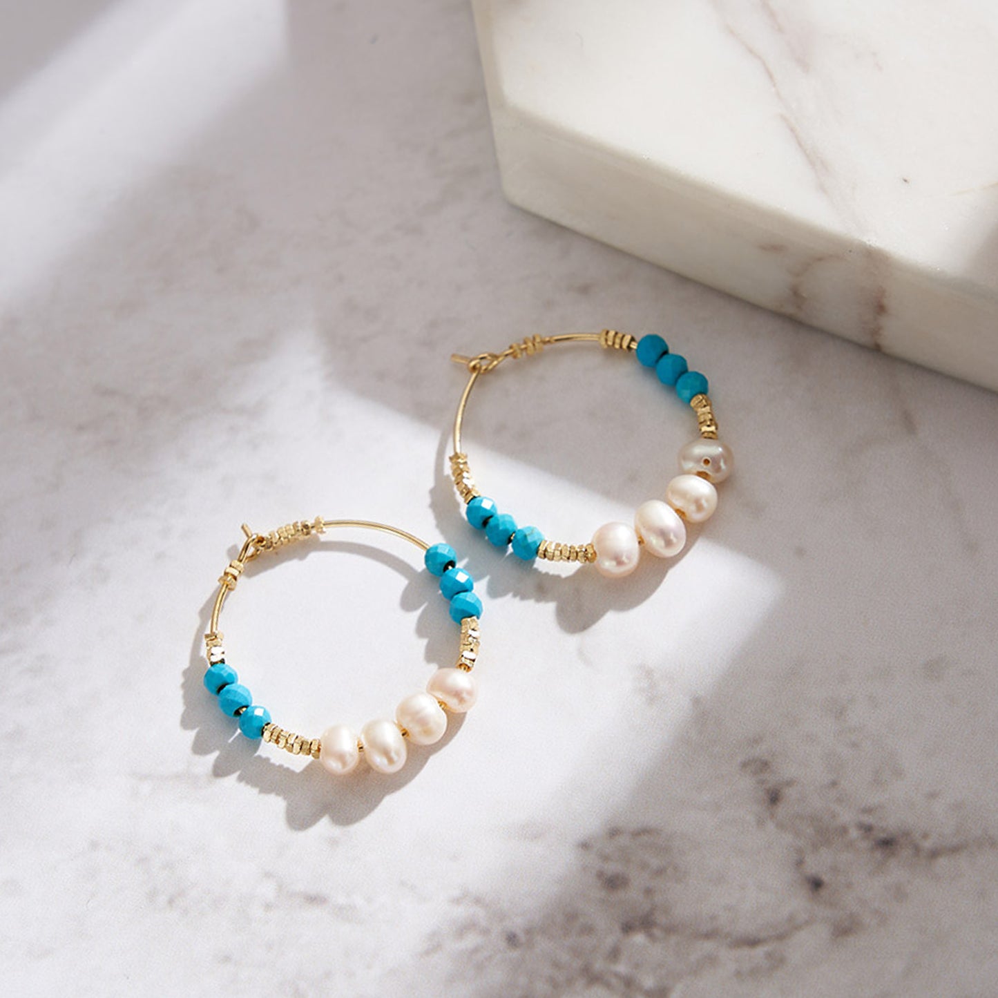 PEETTY beaded turquoise hoop earrings vintage shell pearl 925 sterling silver gold plated