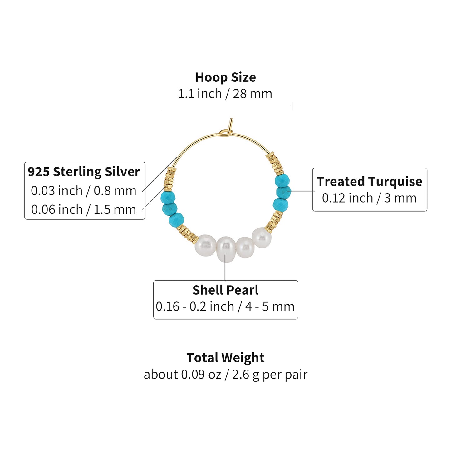 PEETTY beaded turquoise hoop earrings vintage shell pearl 925 sterling silver gold plated size