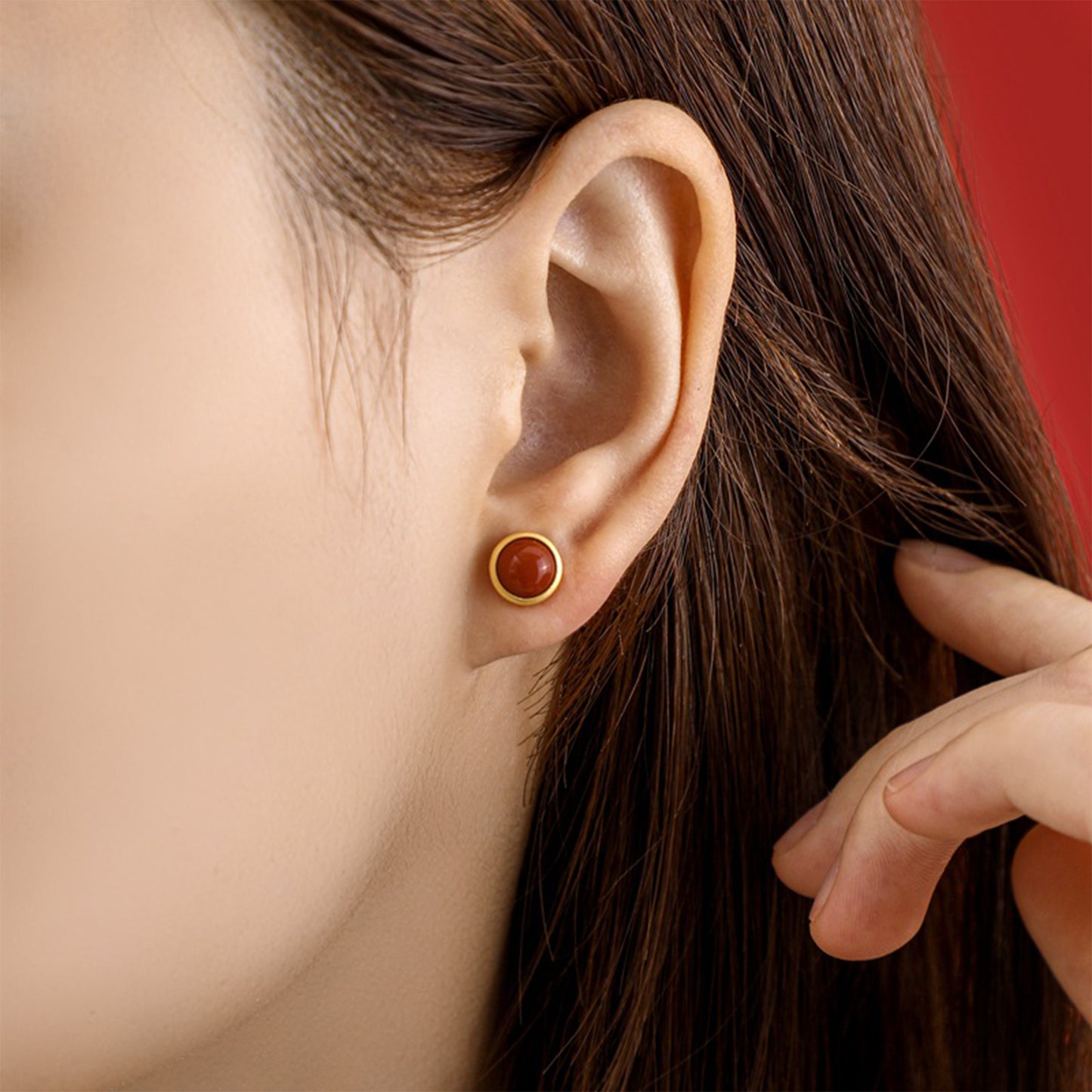 PEETTY natural red agate stud earrings small matte vintage gemstone studs round model