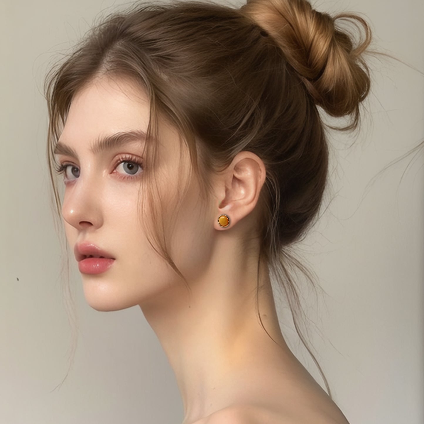 PEETTY natural yellow amber earrings classic round vintage gemstone studs model 02