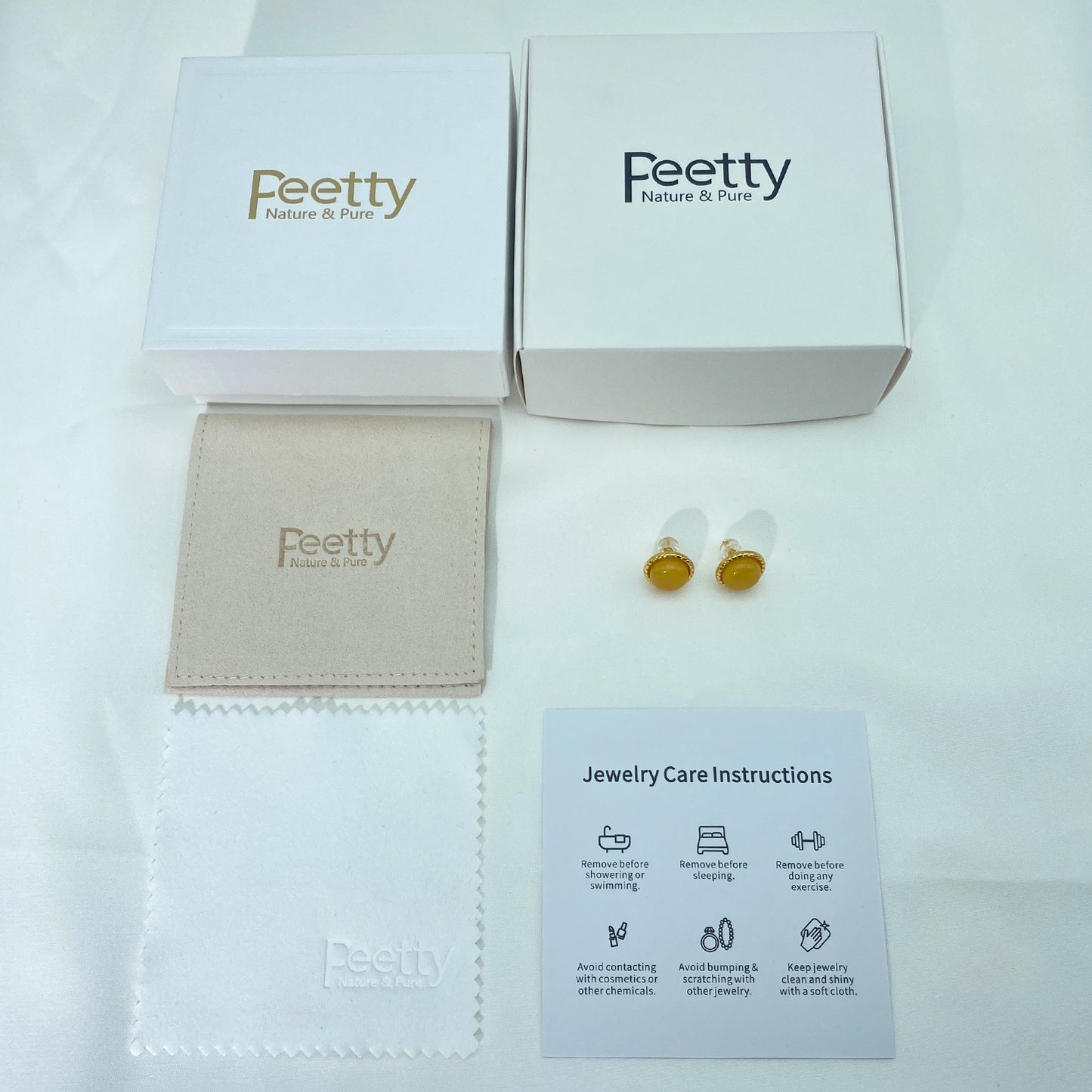 PEETTY natural yellow amber earrings classic round vintage gemstone studs package