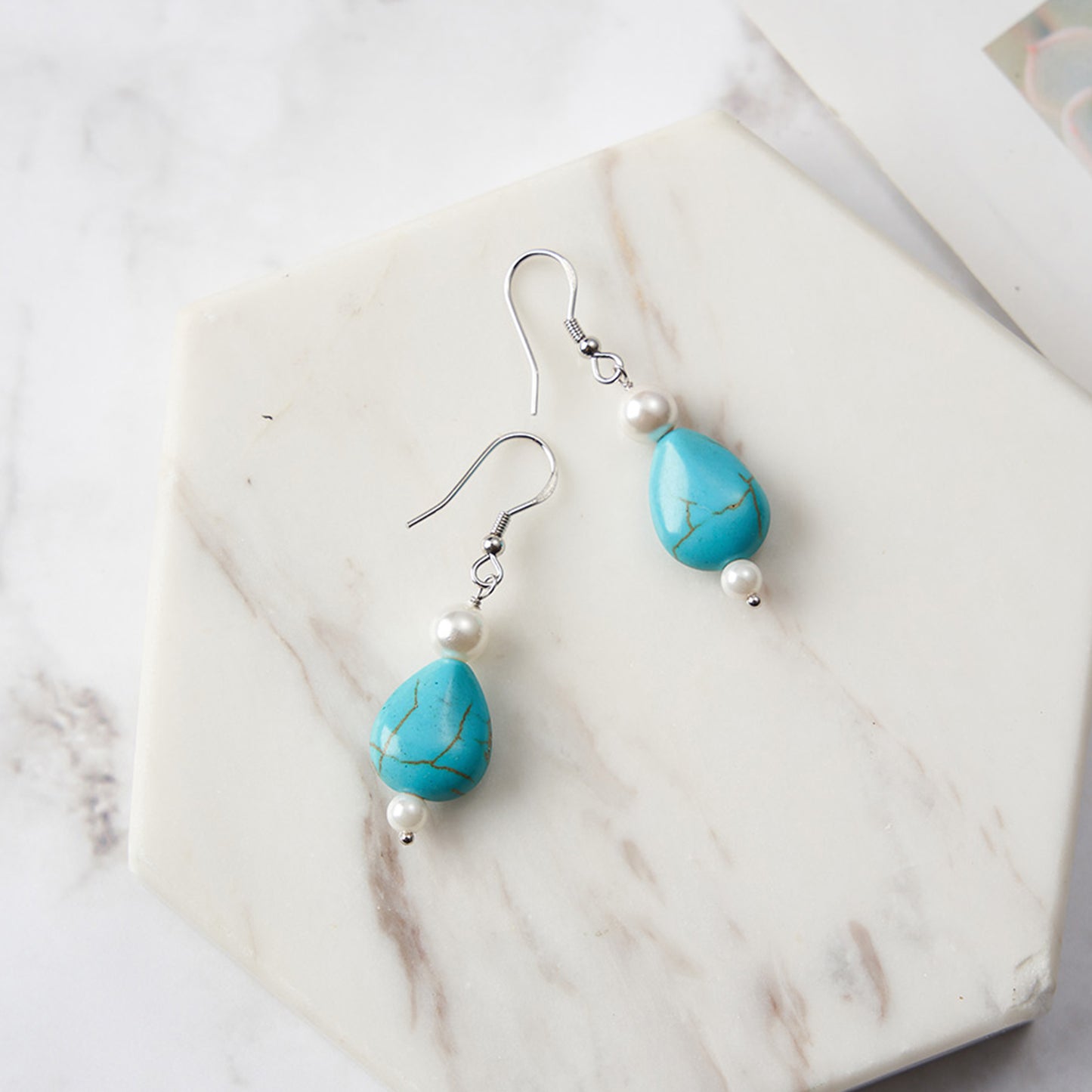 PEETTY teardrop turquoise dangle earrings vintage gemstone 925 sterling silver shell pearl drop white gold