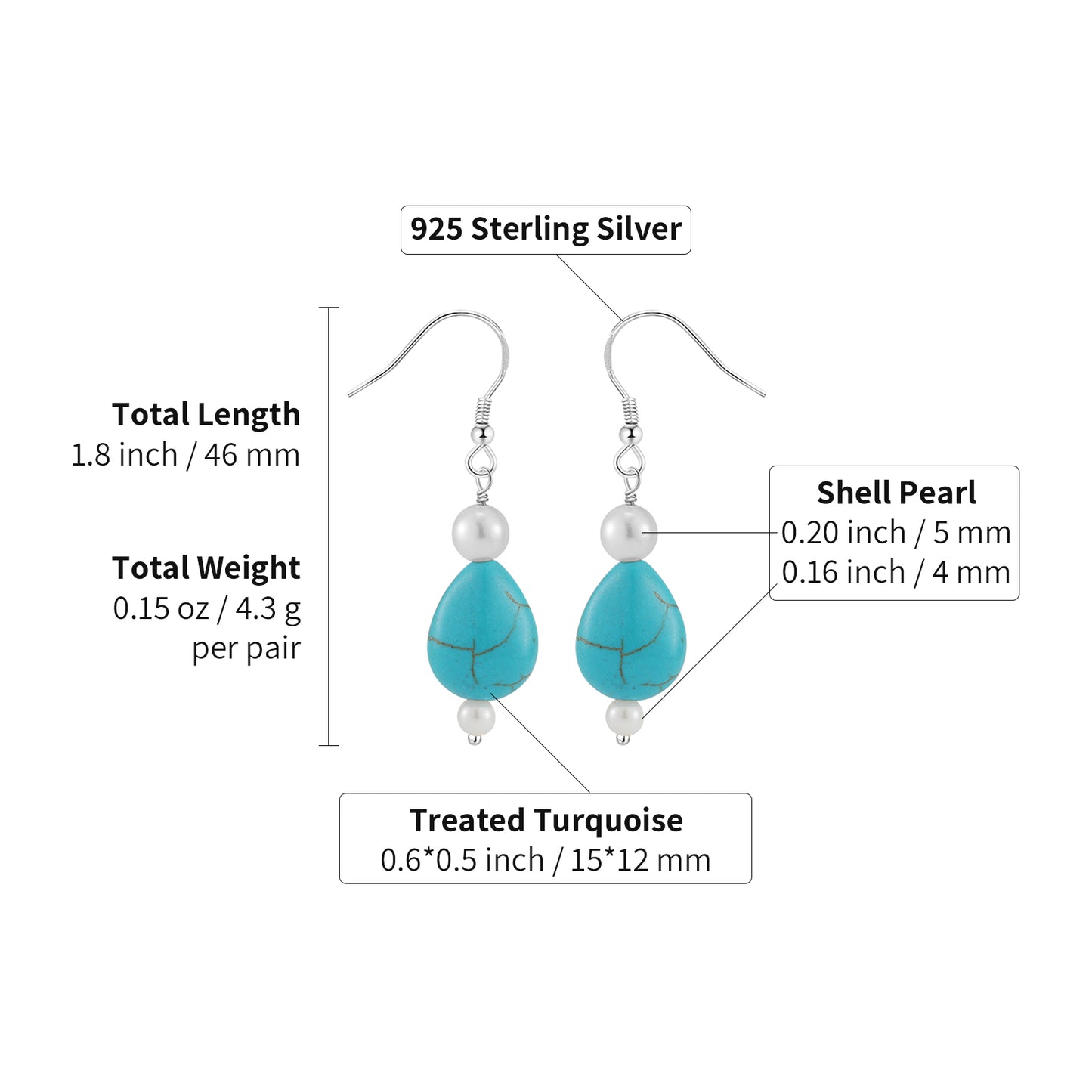 PEETTY teardrop turquoise dangle earrings vintage gemstone 925 sterling silver shell pearl drop for women gift size