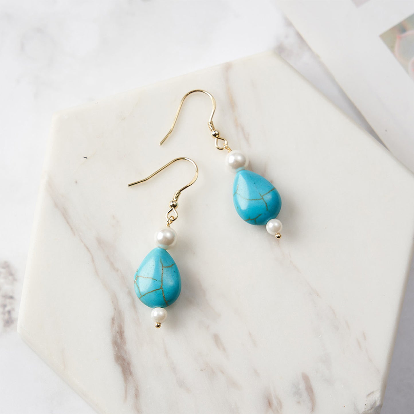 PEETTY teardrop turquoise dangle earrings vintage gemstone 925 sterling silver shell pearl drop yellow gold