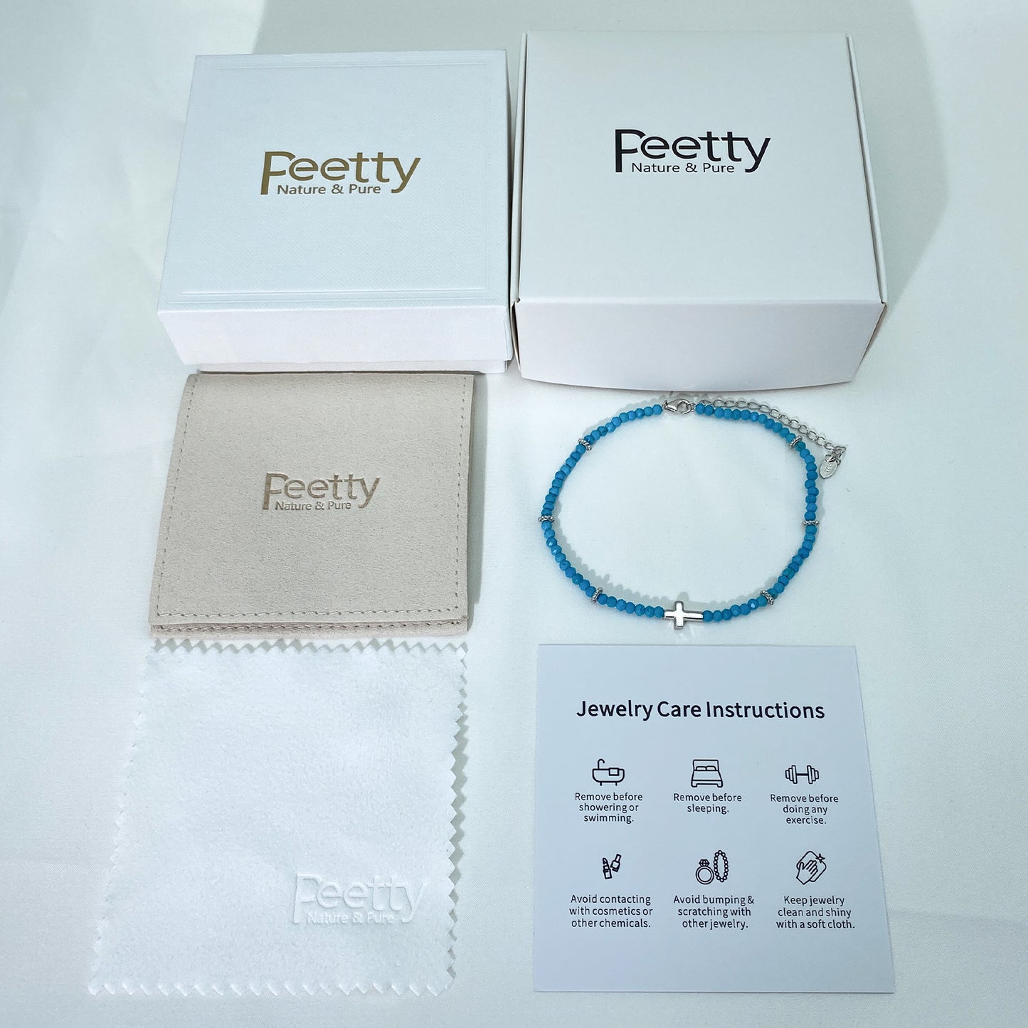 PEETTY turquoise cross anklet beaded 925 sterling silver 14k gold plated adjustable for women gift white gold packaging