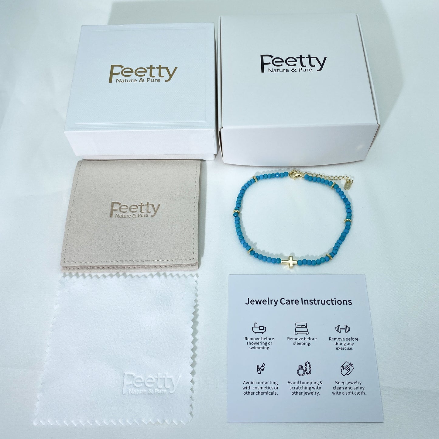 PEETTY turquoise cross anklet beaded 925 sterling silver 14k gold plated adjustable for women gift yellow gold packaging