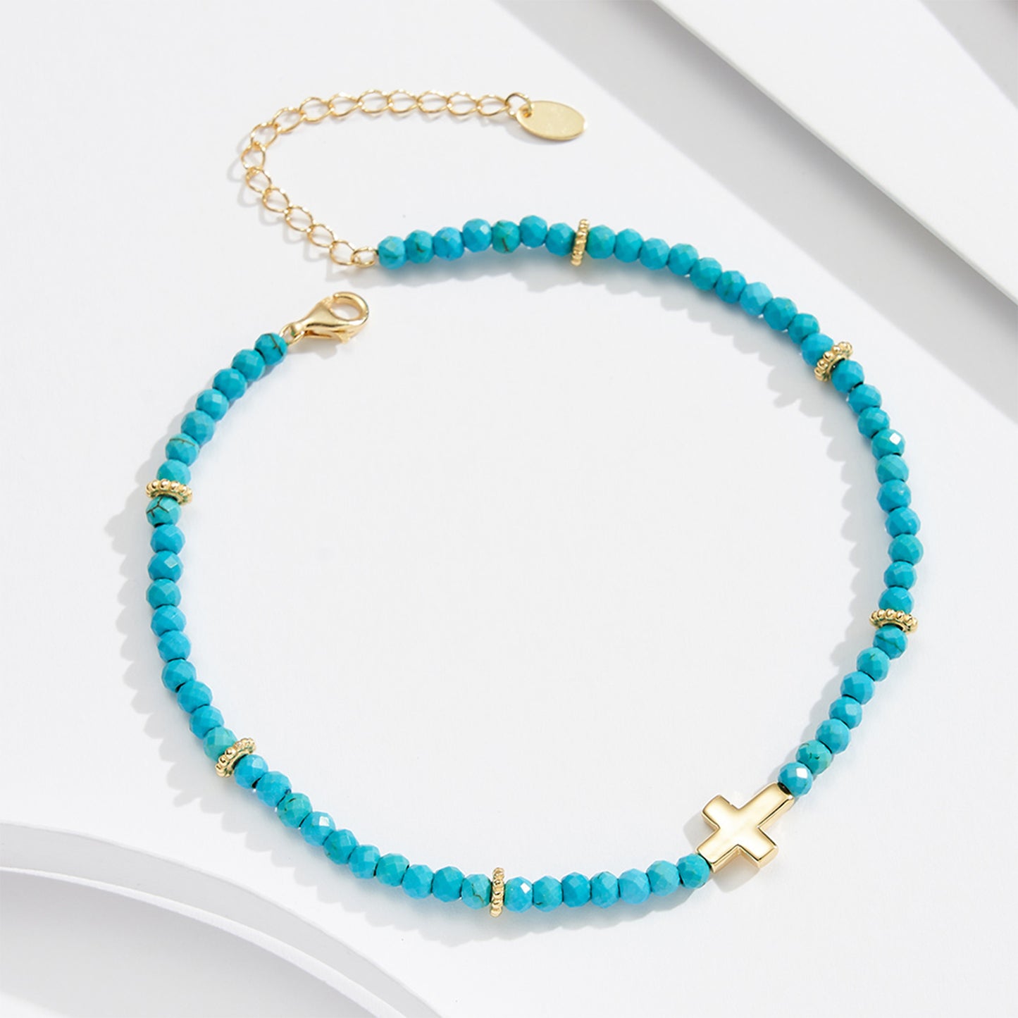 PEETTY turquoise cross anklet beaded 925 sterling silver 14k gold plated adjustable for women gift yellow gold 1