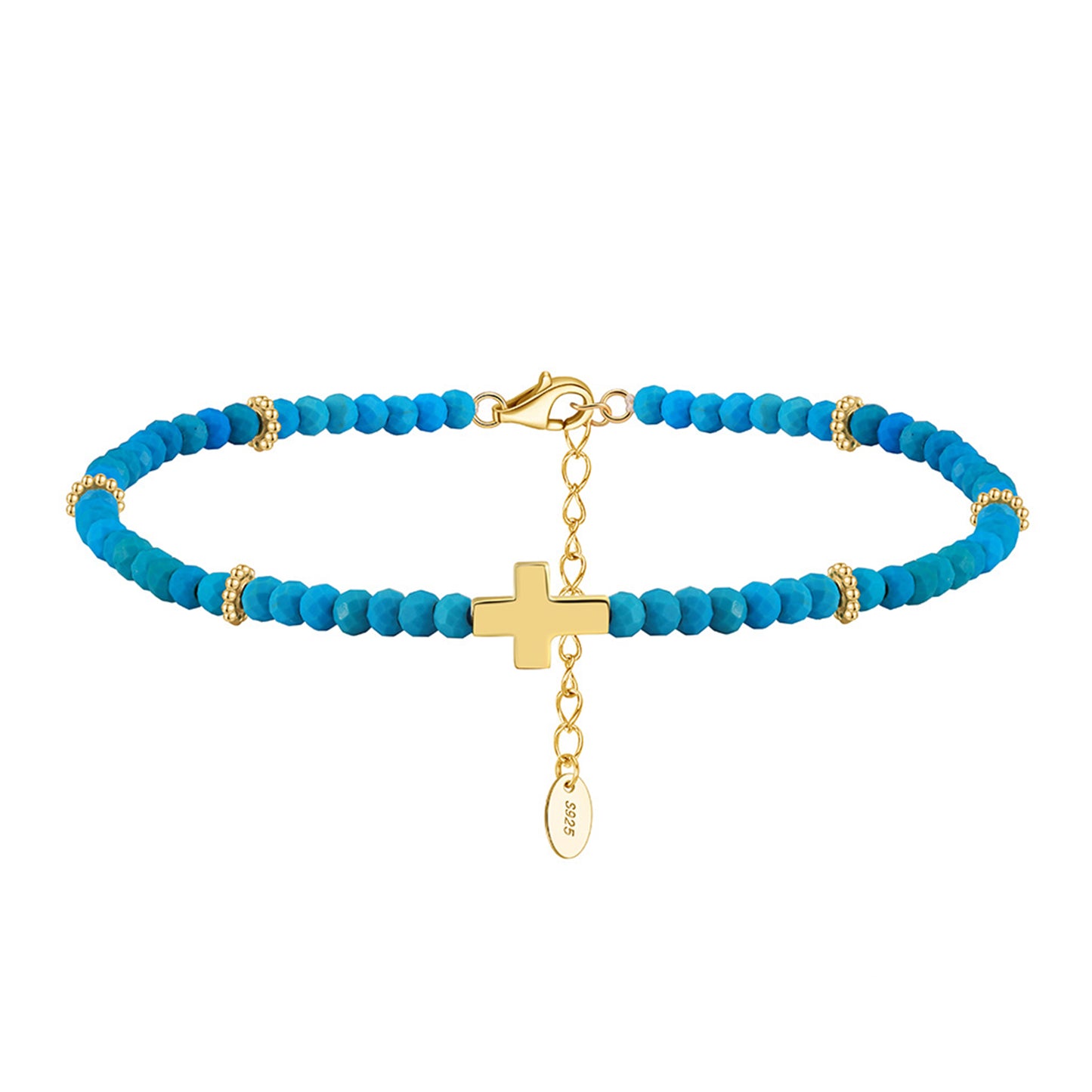 PEETTY turquoise cross anklet beaded 925 sterling silver 14k gold plated adjustable for women gift yellow gold