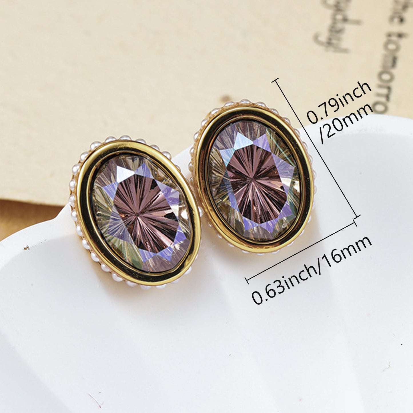 PEETTY vintage oval stud earrings glass shell pearl 18k gold plated SIZE