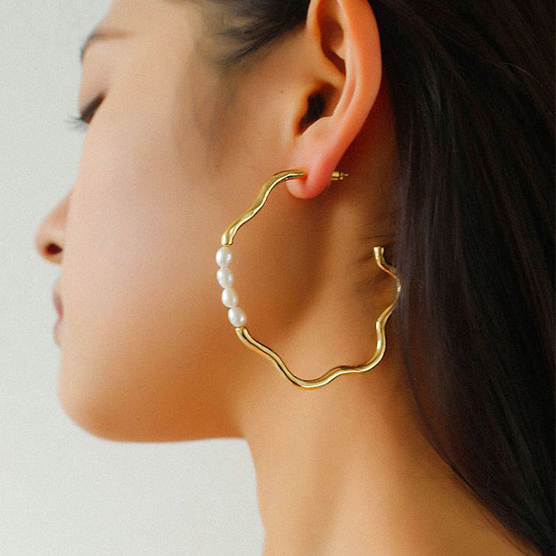 PEETTY c shaped gold plated pearl earrings pearl jewelry