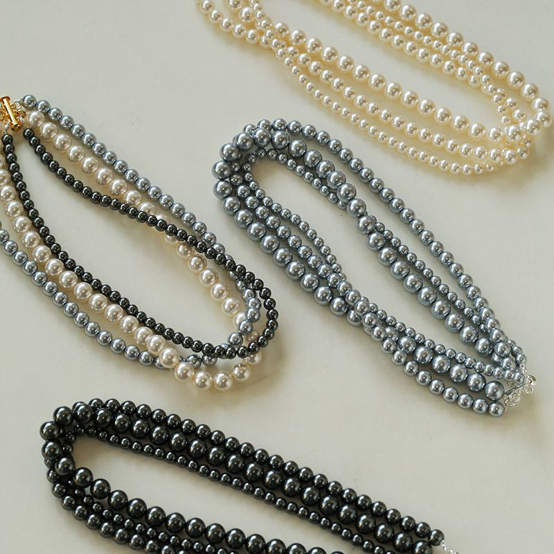 PEETTY 3 strands pearl necklace different sizes black grey pearl 00