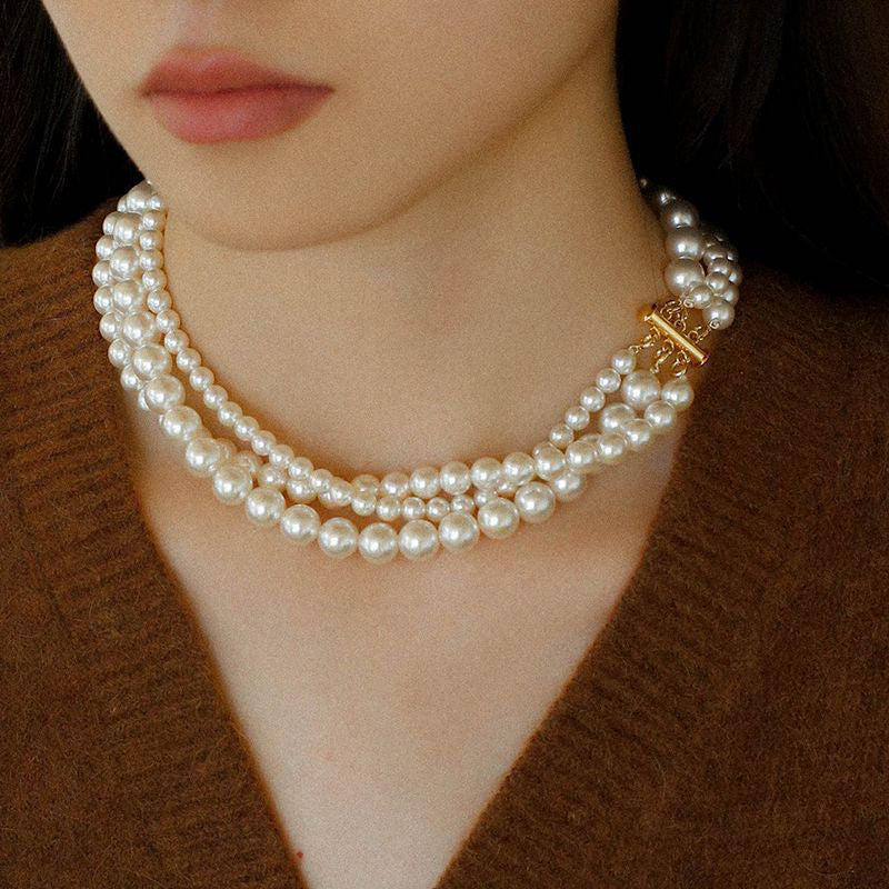 PEETTY 3 strands pearl necklace different sizes white pearl model