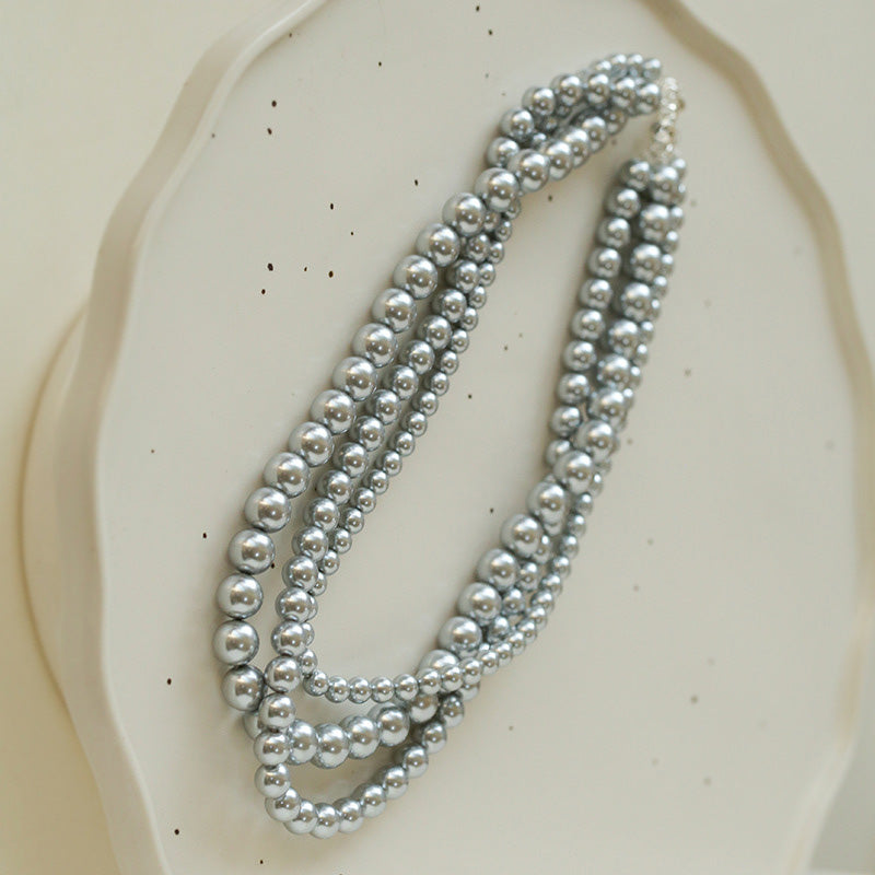 PEETTY 3 strands pearl necklace different sizes grey pearl 20