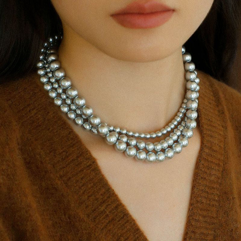 PEETTY 3 strands pearl necklace different sizes grey pearl model