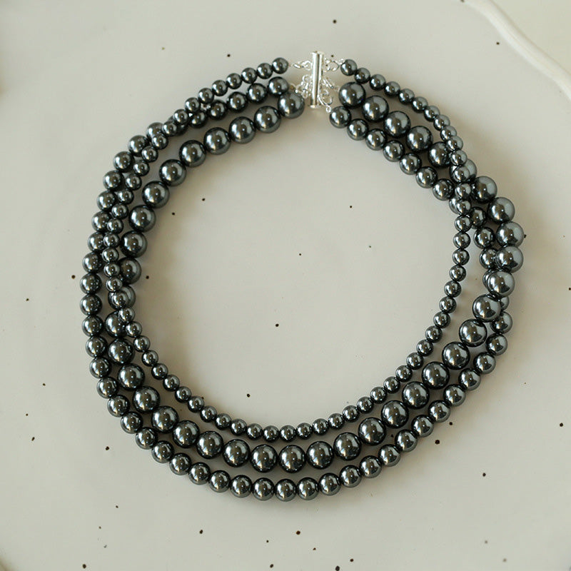 PEETTY 3 strands pearl necklace different sizes black pearl 30