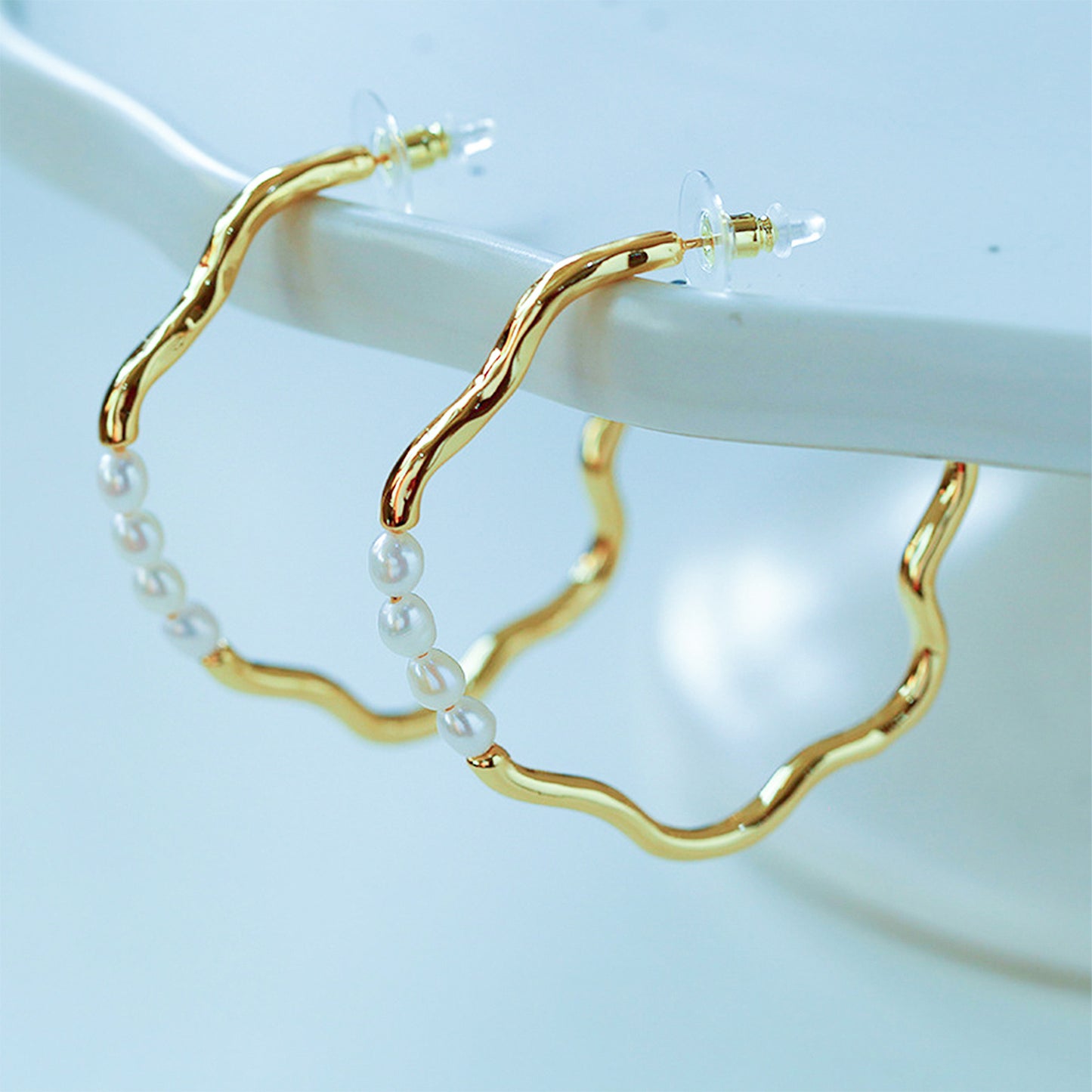 C-Shaped Gold Plated Pearl Earrings