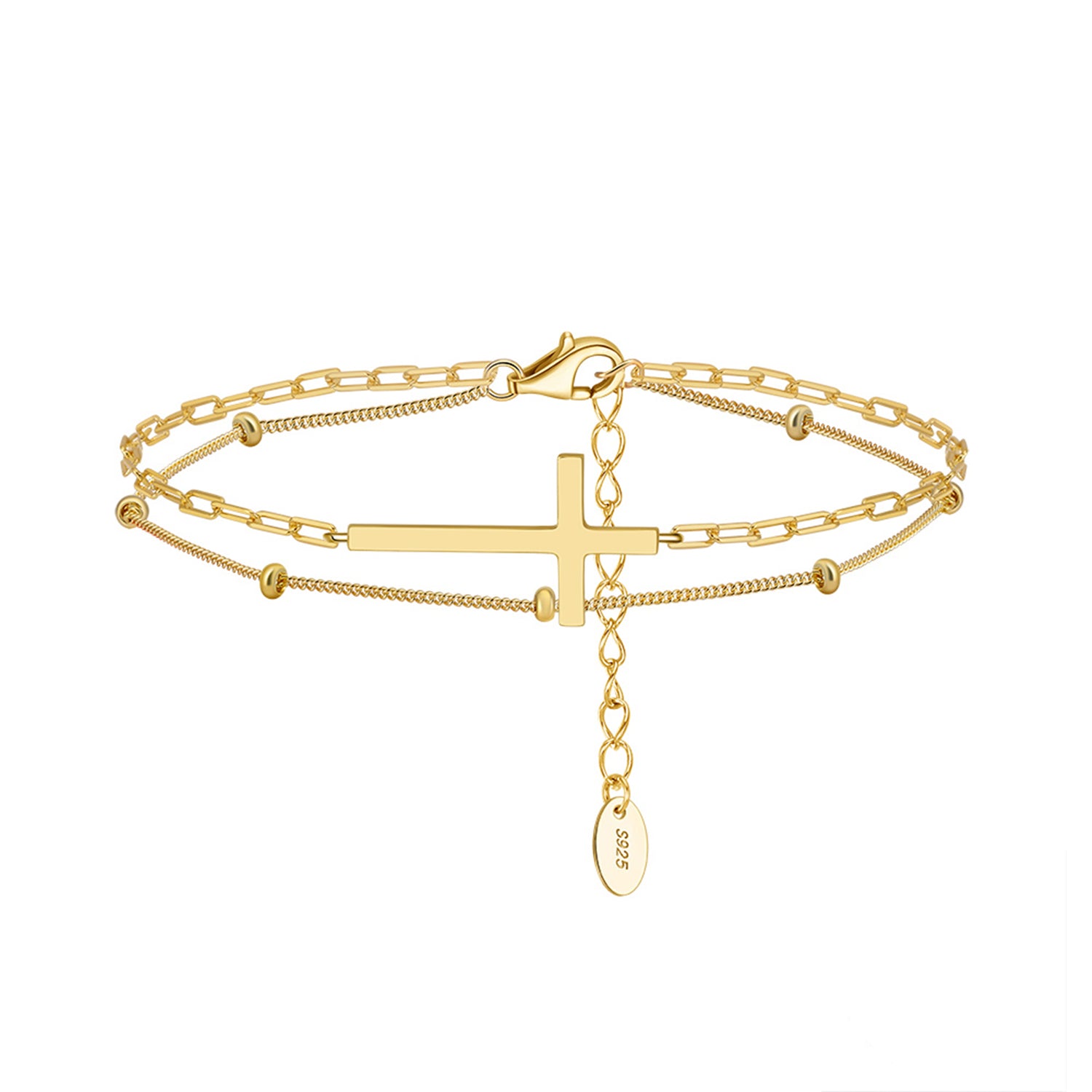 PEETTY layered anklet 925 sterling silver gold plated adjustable heart chain beaded charm chain for women gift yellow gold