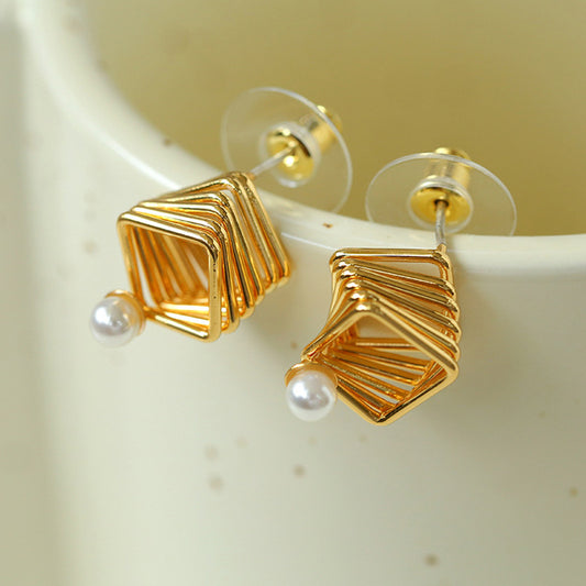 PEETTY geometric layered square earrings pearl studs 1