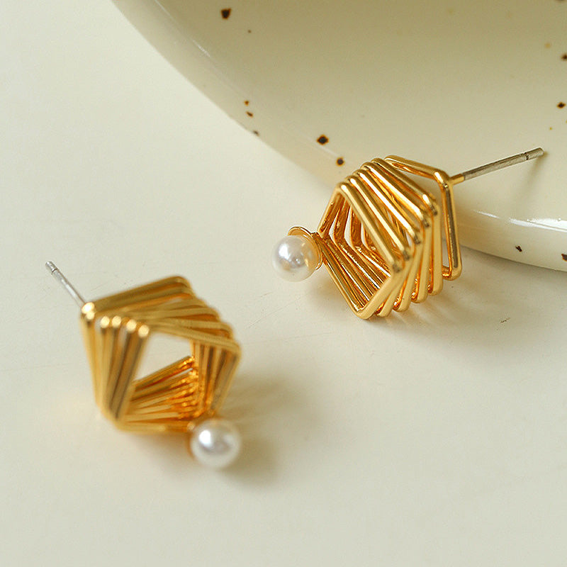 PEETTY geometric layered square earrings pearl studs 3