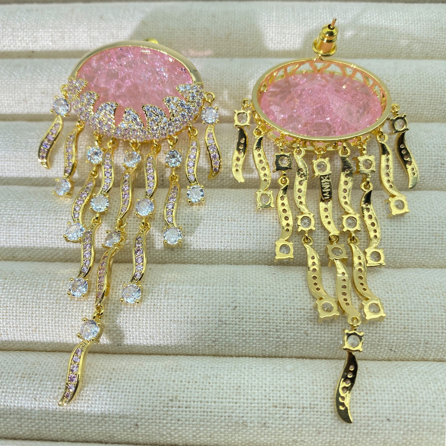 PEETTY ice crack cubic zirconia dangle earrings jellyfish shape tassel big oval pink zirconia inlaid earrings detail