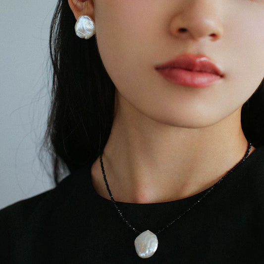 PEETTY large petal pearl black spinel necklace studs