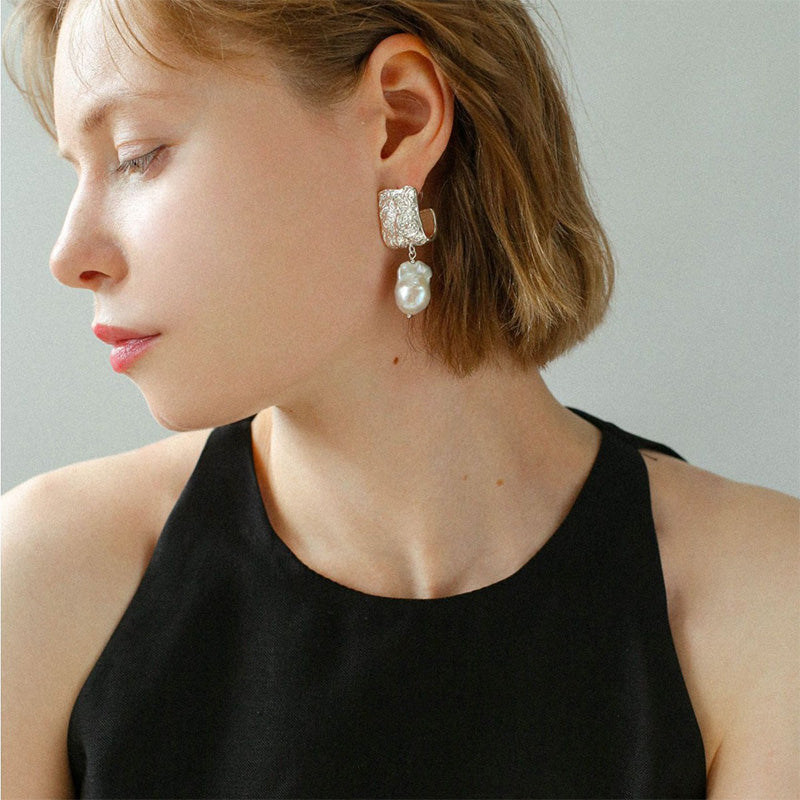PEETTY lava style baroque pearl dangles earrings silver model