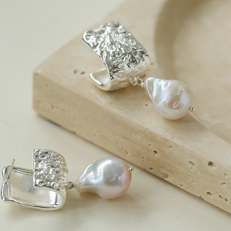 PEETTY lava style baroque pearl dangles earrings silver