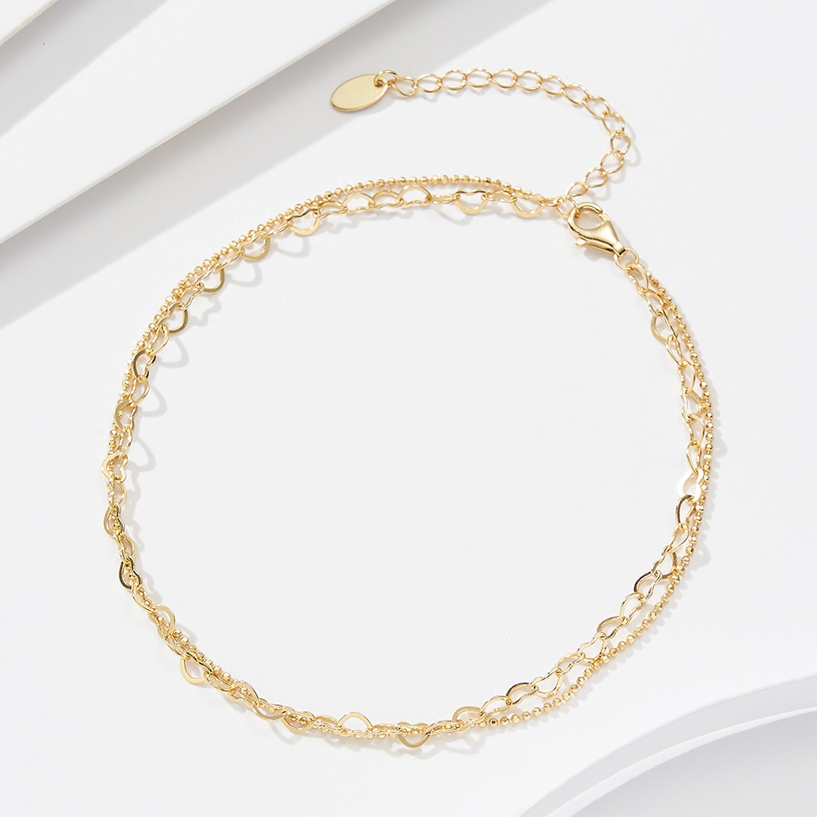 PEETTY layered anklet 925 sterling silver gold plated adjustable heart chain beaded charm chain for women gift yellow gold 1