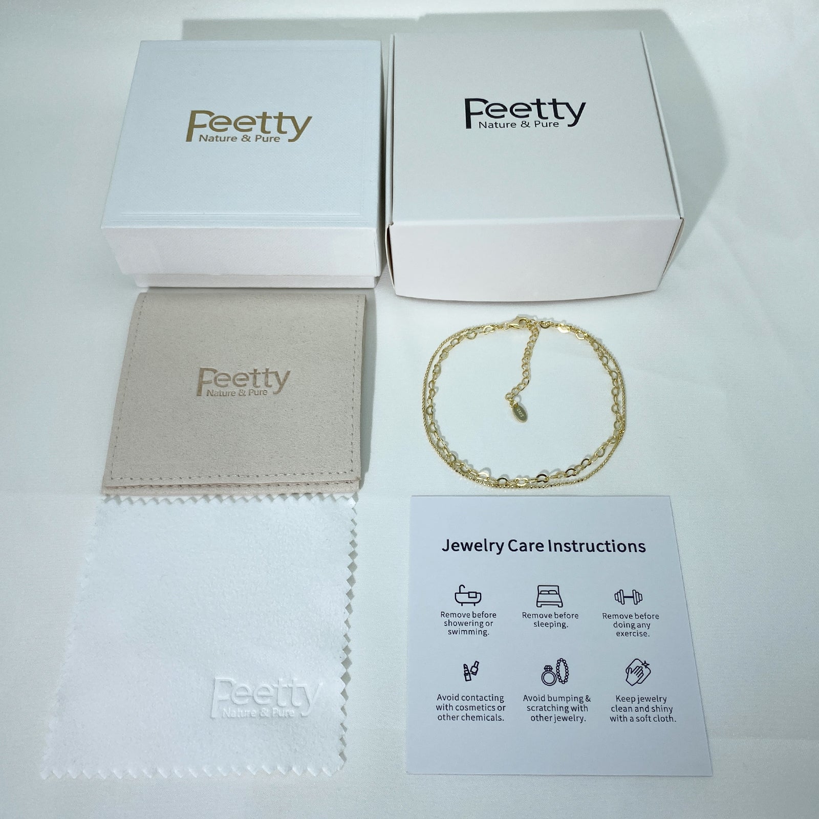 PEETTY layered anklet 925 sterling silver gold plated adjustable heart chain beaded charm chain for women gift yellow gold packaging