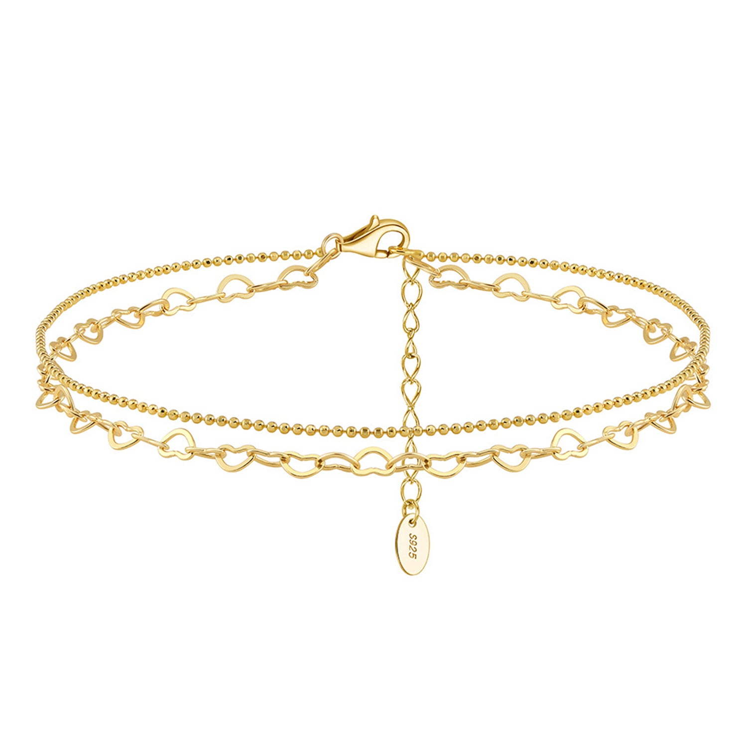 PEETTY layered anklet 925 sterling silver gold plated adjustable heart chain beaded charm chain for women gift yellow gold
