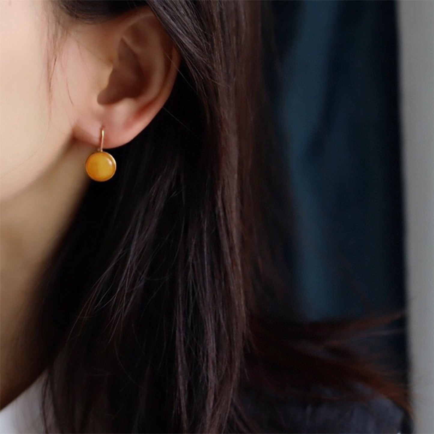 PEETTY natural yellow amber earrings fishhook vintage gemstone dangle model 01