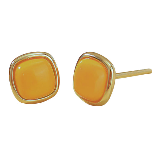 Natural Yellow Amber Earrings - 925 Sterling Silver Gemstone Studs