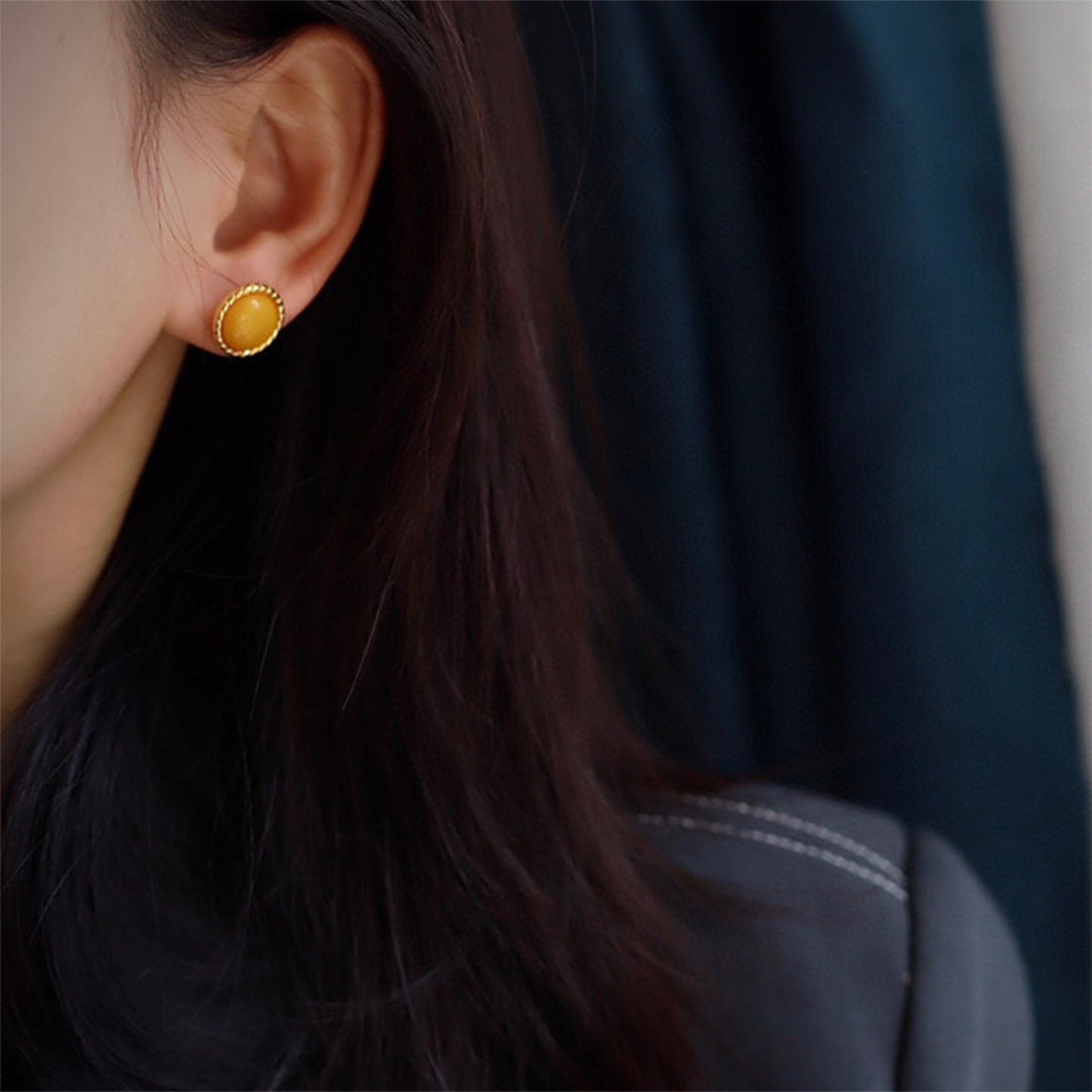 PEETTY natural yellow amber earrings classic round vintage gemstone studs model 01