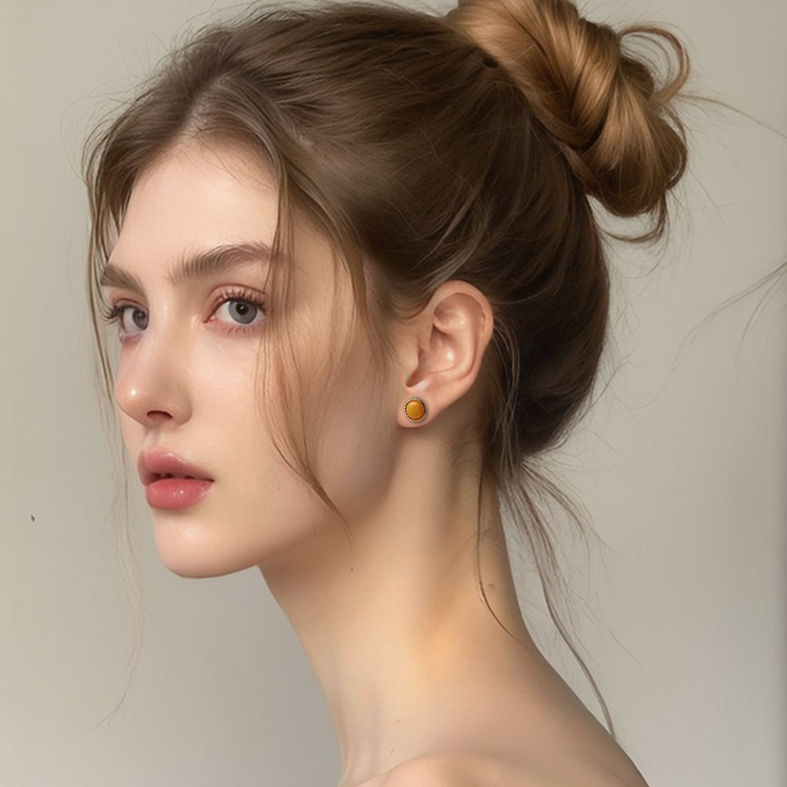 PEETTY natural yellow amber earrings classic round vintage gemstone studs model 02