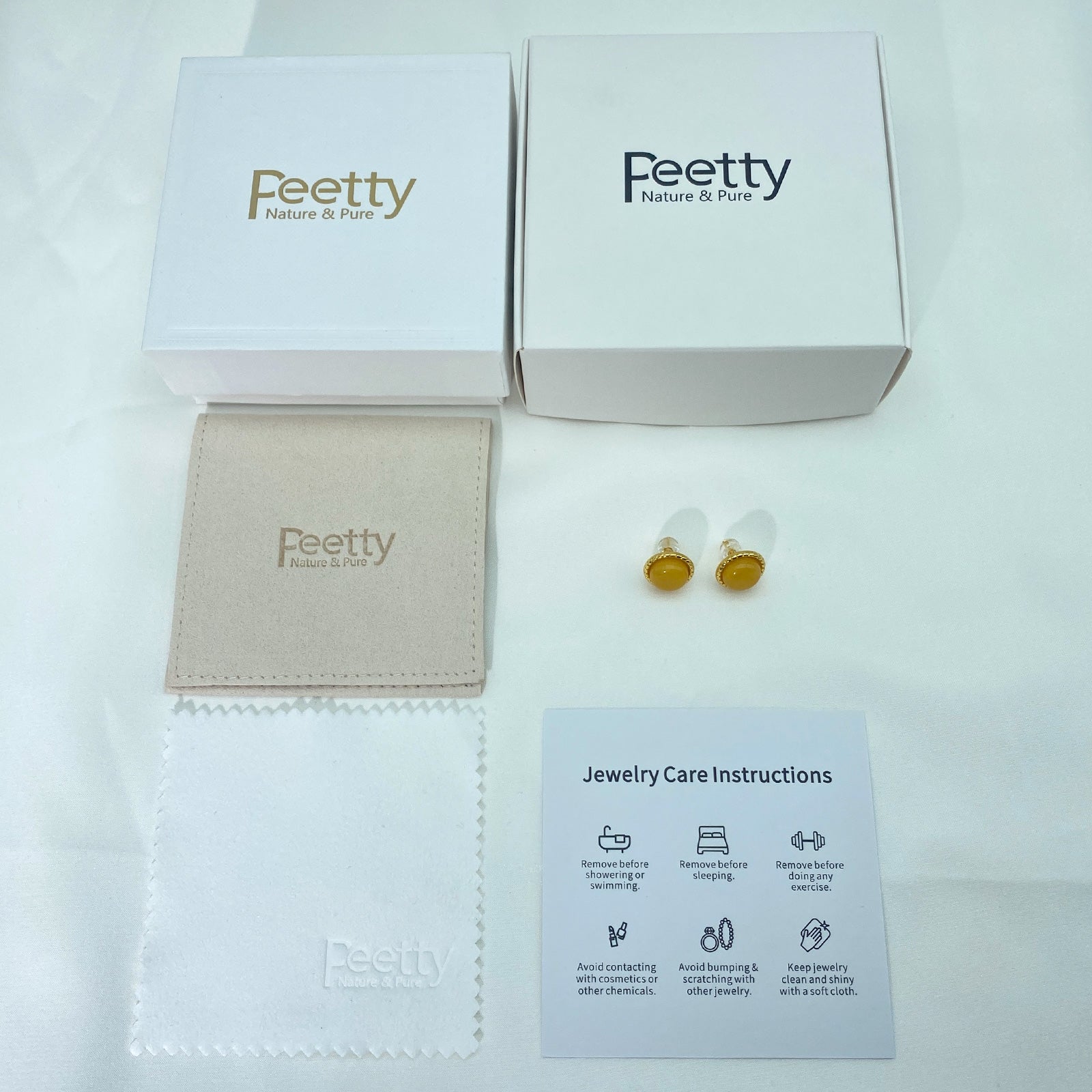 PEETTY natural yellow amber earrings classic round vintage gemstone studs package