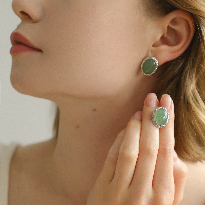 PEETTY oval agate earrings vintage twist green silver model