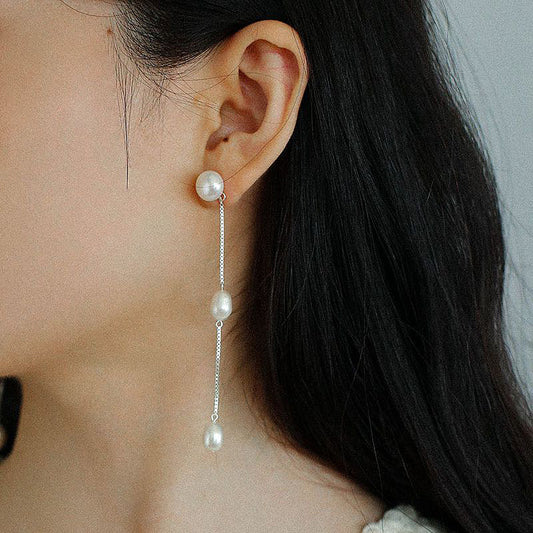 PEETTY silver chain tassel pearl earrings pearl jewelry