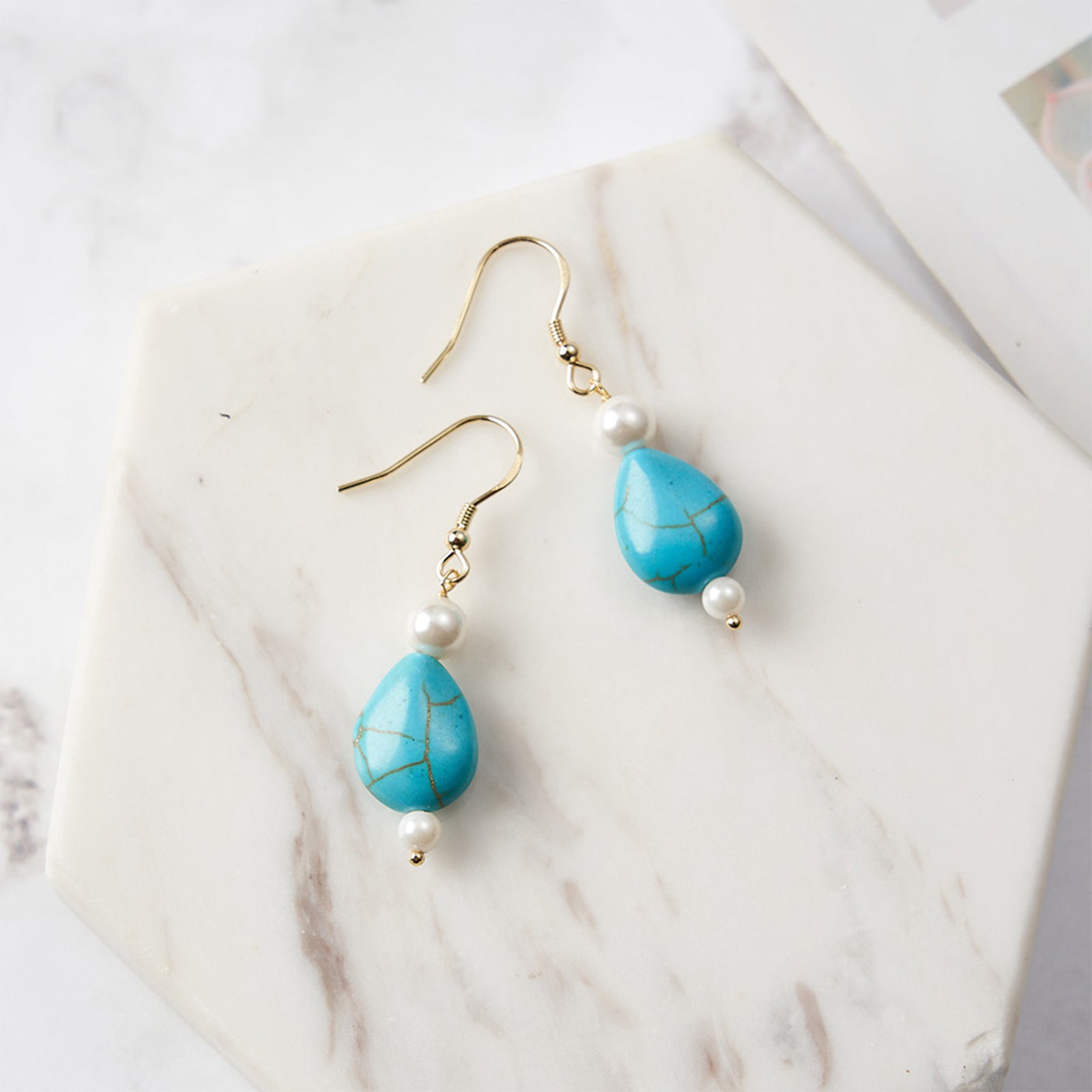 PEETTY teardrop turquoise dangle earrings vintage gemstone 925 sterling silver shell pearl drop yellow gold