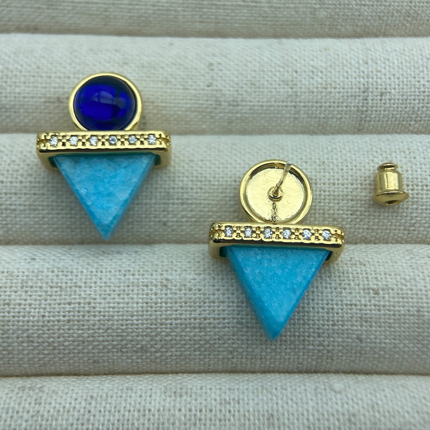 PEETTY triangle blue stud earrings vintage glass natural stone detail