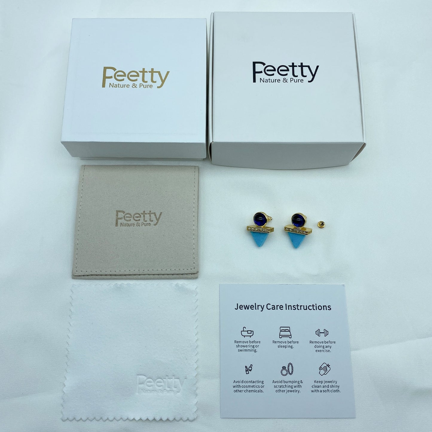 PEETTY triangle blue stud earrings vintage glass natural stone package