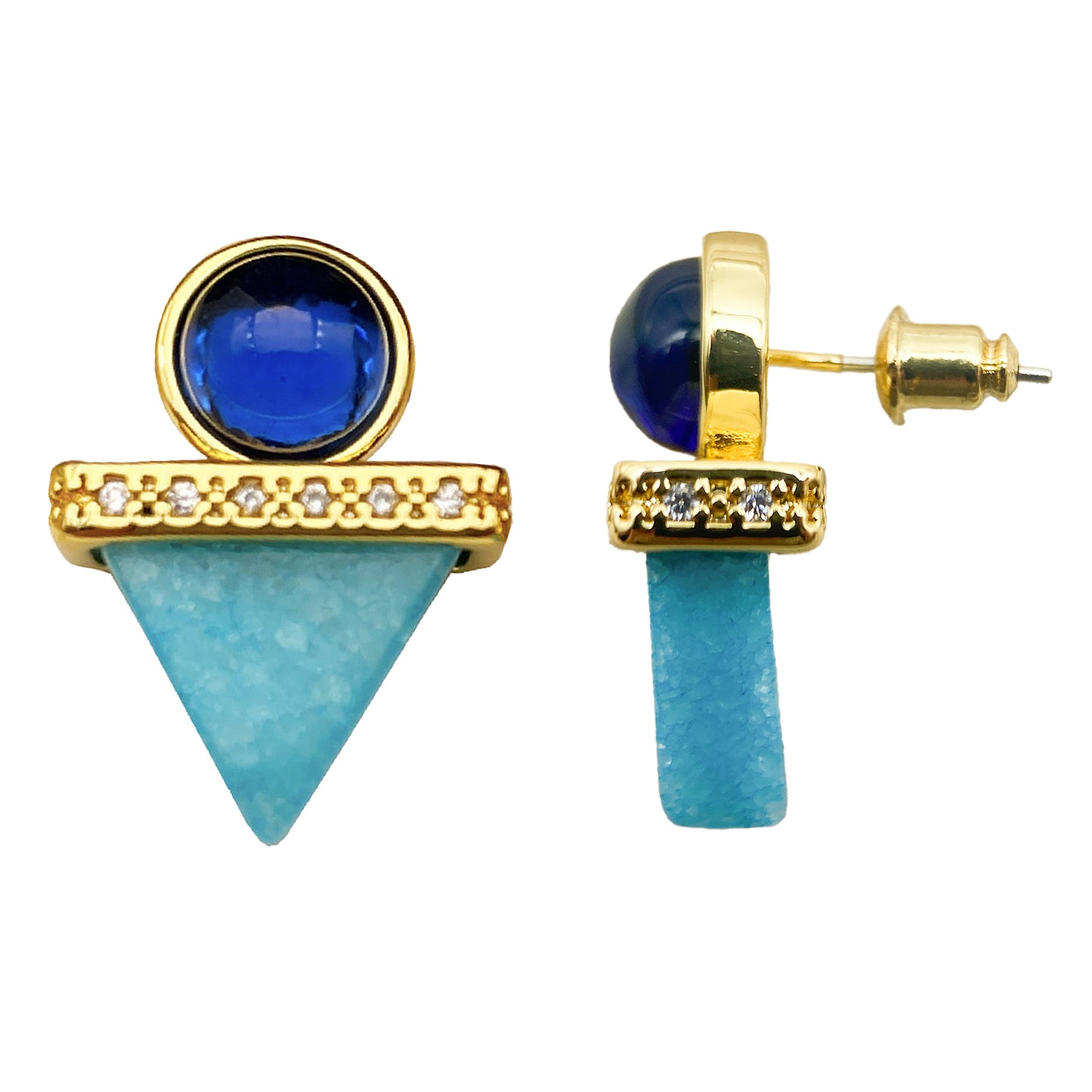 PEETTY triangle blue stud earrings vintage glass natural stone