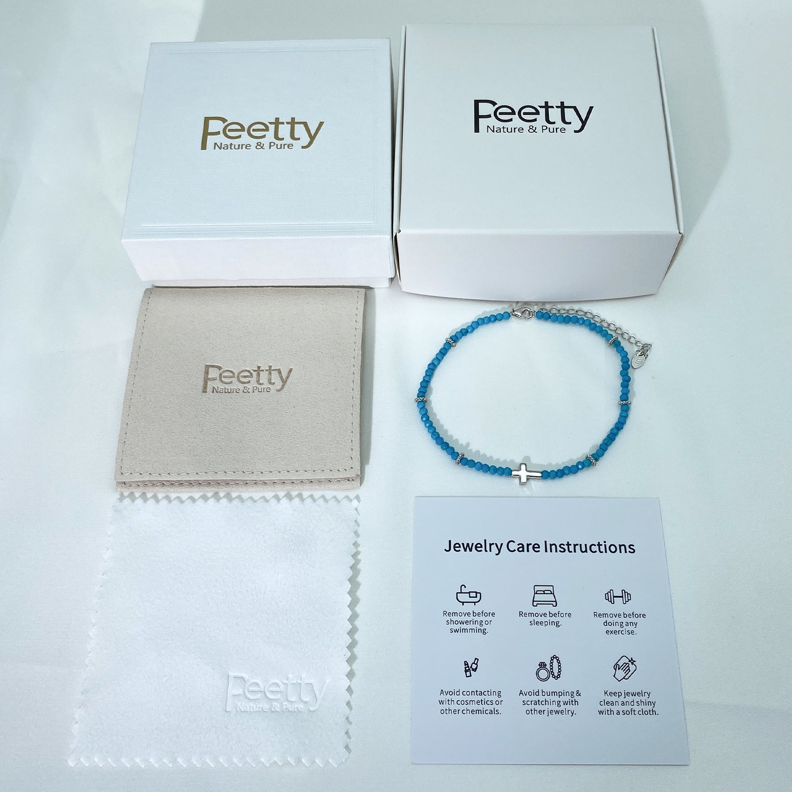 PEETTY turquoise cross anklet beaded 925 sterling silver 14k gold plated adjustable for women gift white gold packaging