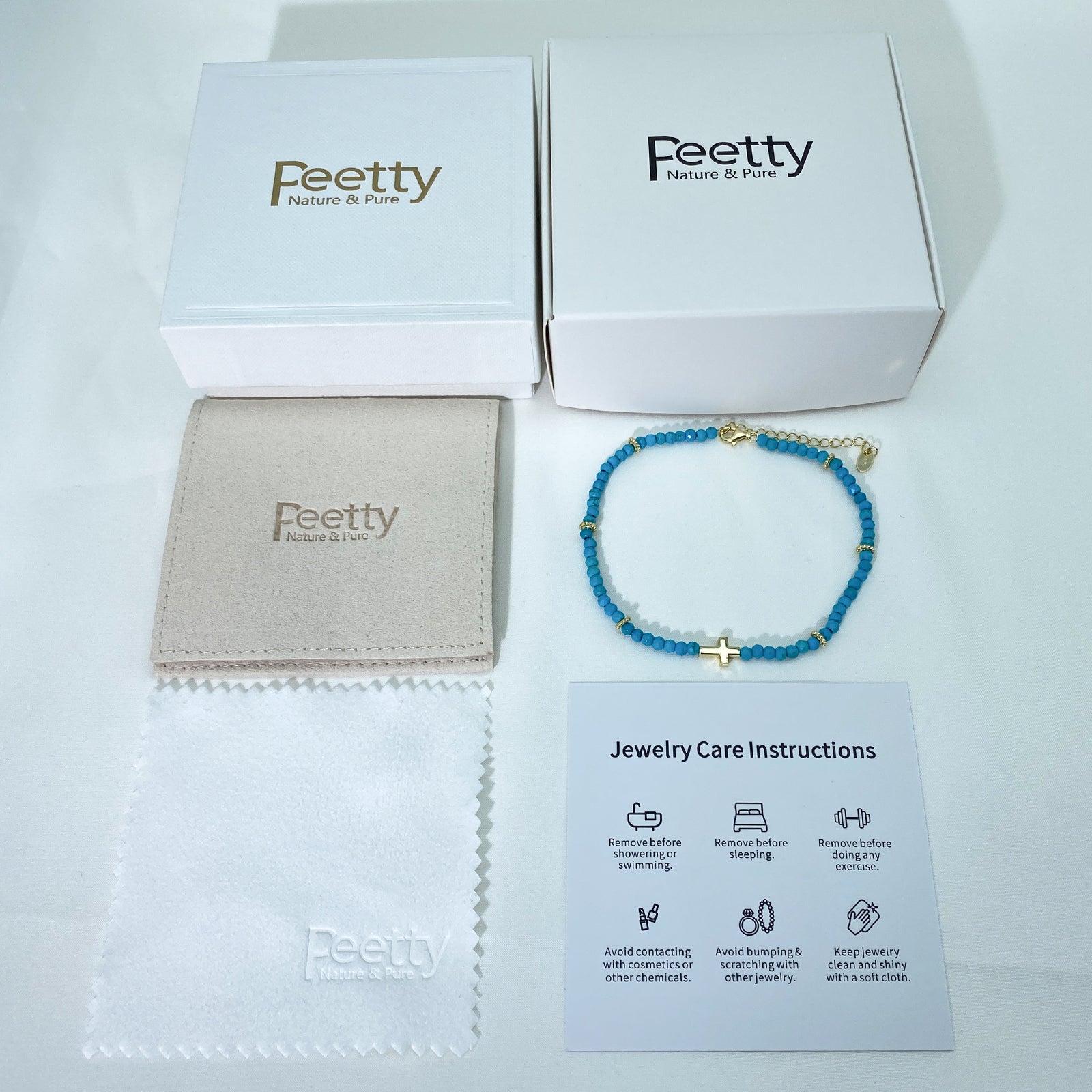 PEETTY turquoise cross anklet beaded 925 sterling silver 14k gold plated adjustable for women gift yellow gold packaging