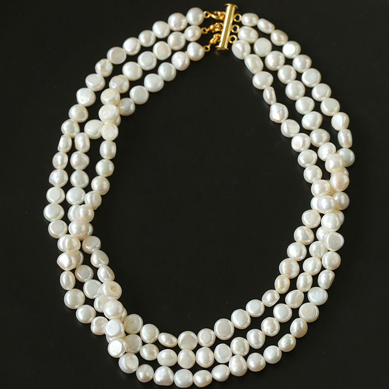 PEETTY vintage 3-strand pearl choker women necklace bread pearl