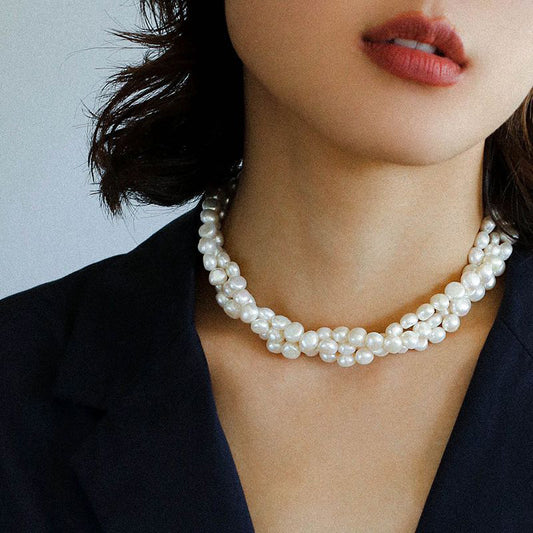 PEETTY vintage 3-strand pearl choker women necklace 21