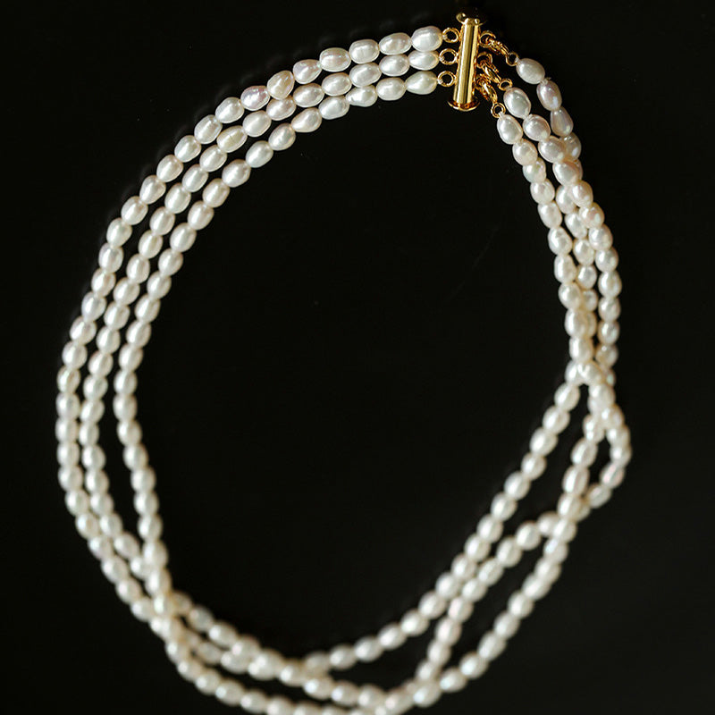PEETTY vintage 3-strand pearl choker women necklace rice pearl